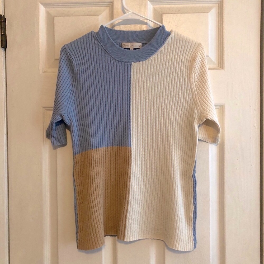 Silk Cashmere The Cause Collection Top Blue Beige Knit Pullover half-sleeve sz L